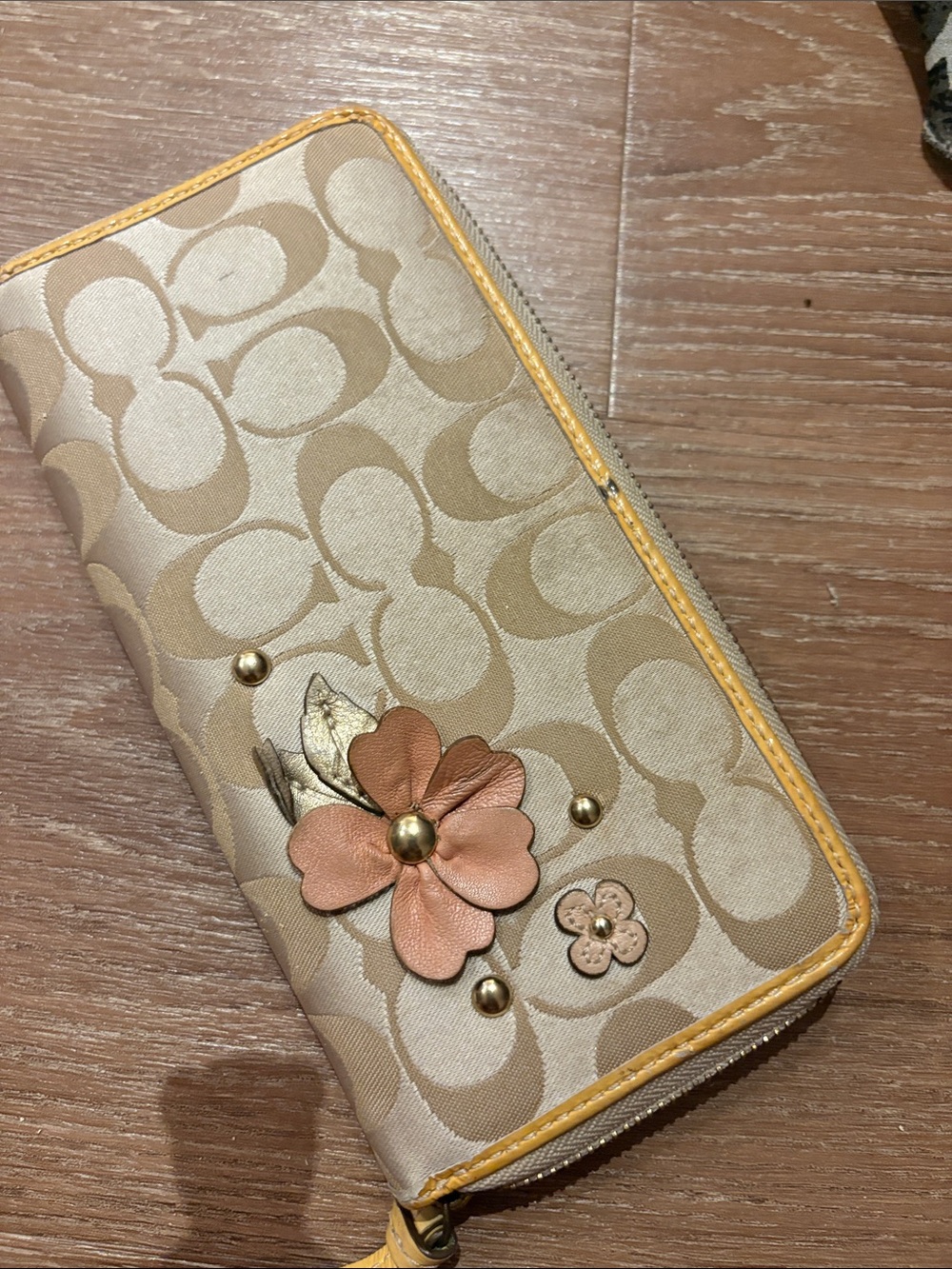 Coach Beige Signature Floral Zip Wallet with Yellow Trim